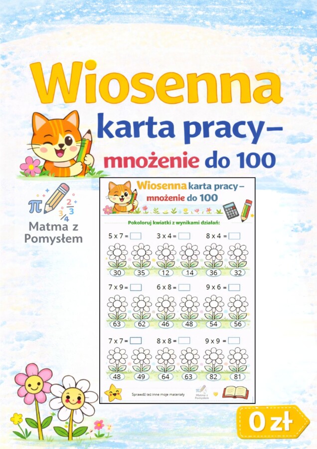 Wiosenna karta pracy – mnożenie do 100 | kolorowanka | kl. 3–4
