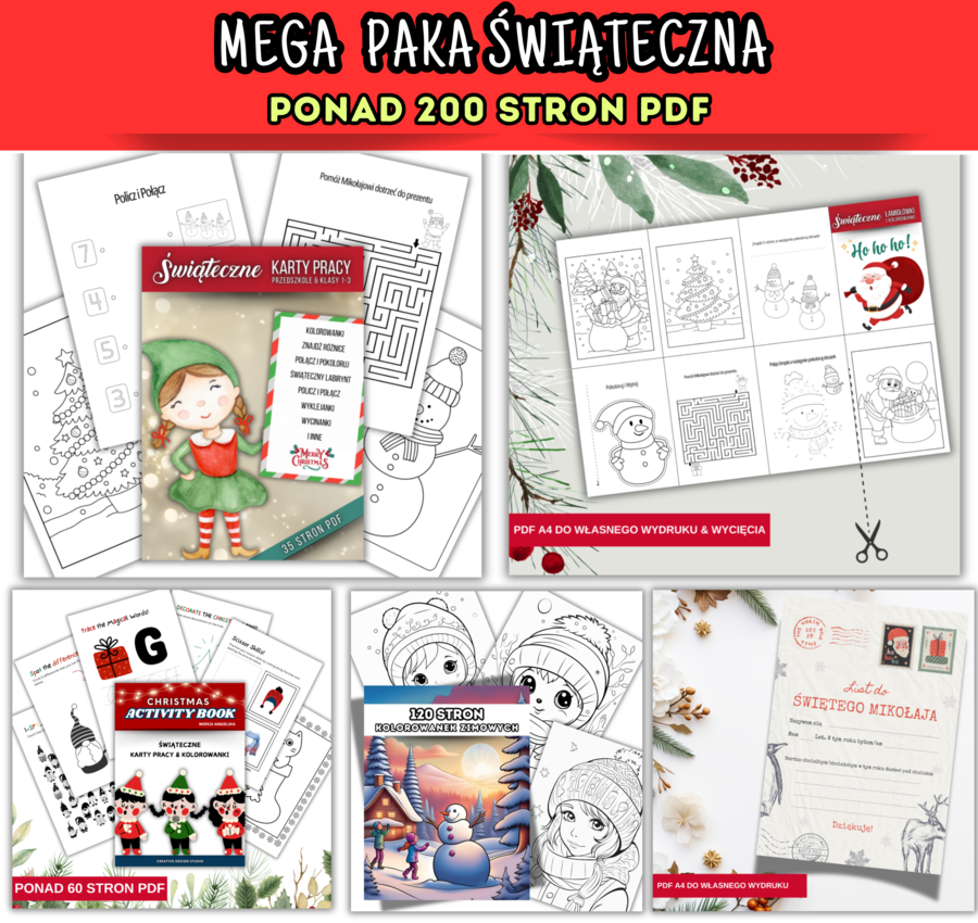 PAKIET Świąteczne Karty Pracy, Świąteczne Kolorowanki, Świąteczne Łamigłowki. PONAD 200 stron PDF