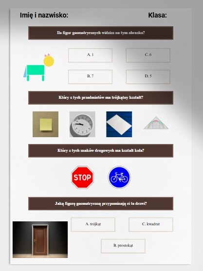 Figury geometryczne - rozpoznawanie i nazywanie. Karta pracy. Sprawdzian.