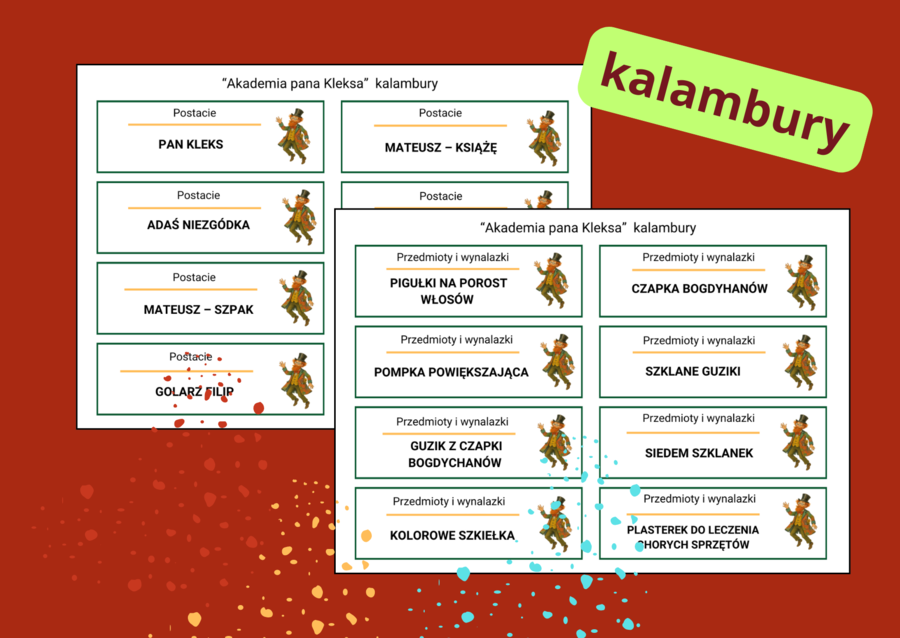 Kalambury „AKADEMIA PANA KLEKSA ” – zestaw haseł do zabawy - biblioteka - język polski - lektury - 56 haseł