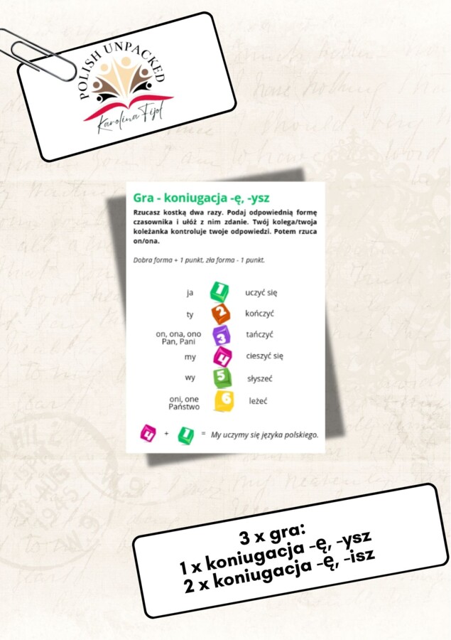 3 x gra koniugacja -ę, -isz/-ysz czasowniki poziom A1, język polski jako obcy