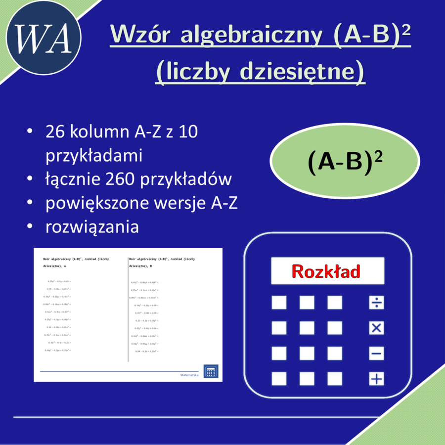 Wzór algebraiczny (A-B)^2, rozkład (liczby dziesiętne) | matematyka, algebra | 26 kolumn