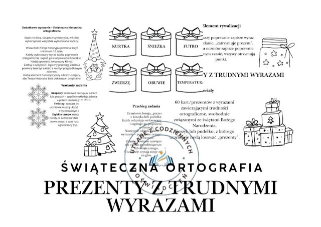 Prezenty z trudnymi wyrazami. Świąteczna ortografia.