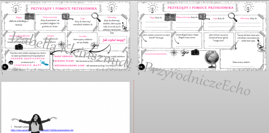 Zestaw na jedną lekcję „Przyrządy i pomoce przyrodnika” – sketchnotka + karta pracy w power point + gratisowy link do prezentacji multimedialnej niekomercyjnej wykonanej w genial.ly do indywidualnego pobrania i użycia do celów niekomercyjnych. Przyroda 4