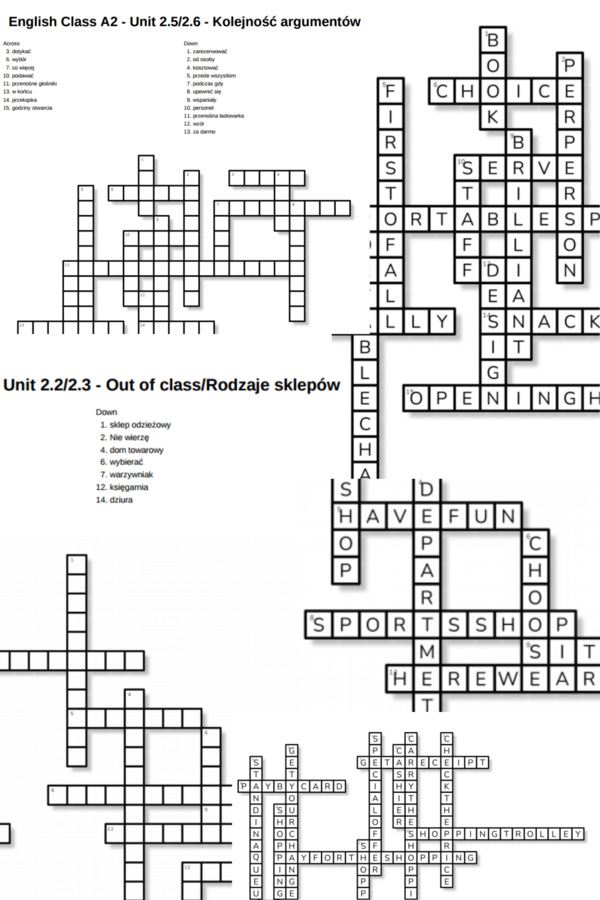 English Class A2 – Unit 2 – krzyżówki – Zakupy/Out of class_Rodzaje sklepów/Kolejność argumentów