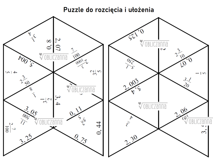 Zamiana ułamka dziesiętnego na zwykły (i odwrotnie) - układanka puzzle/trimino