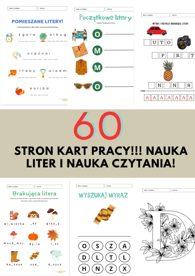 60 kart pracy nauka pisania liter, nauka czytania.