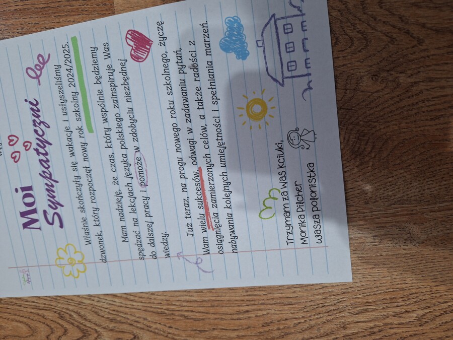 List polonistki do uczniów - początek roku szkolnego, gazetka, wklejka 2024