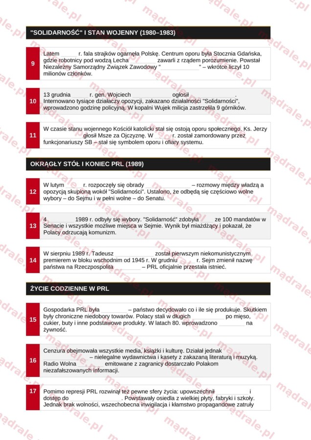 Notatka okienkowa „Polska w okresie PRL” + klucz odpowiedzi