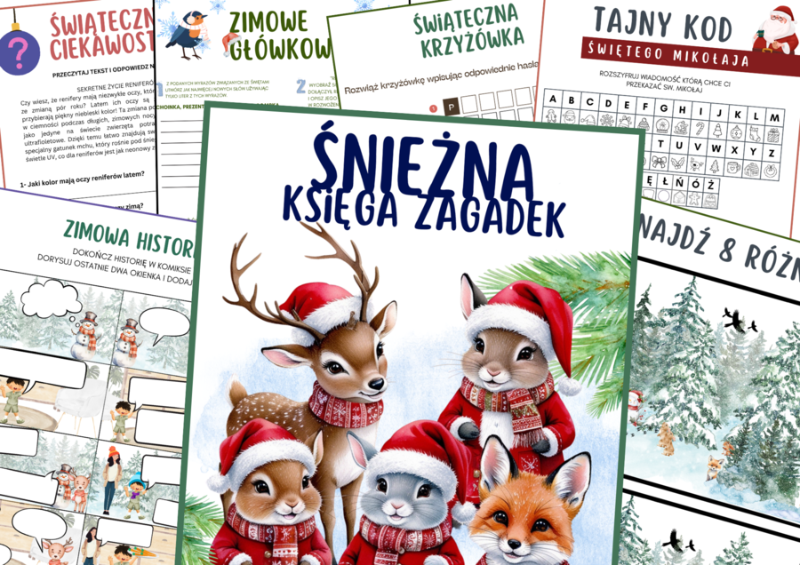 Śnieżna księga zagadek-16 stron! Zadania związane z zimą i świętami, klasy 4-6