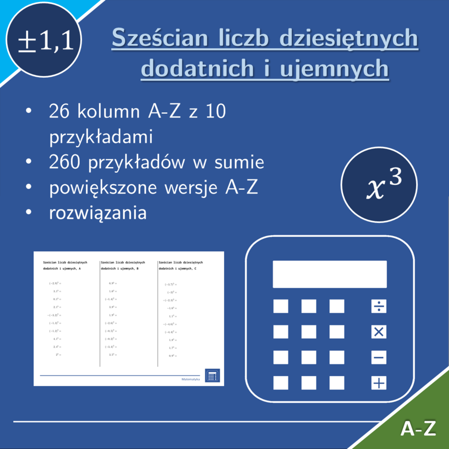 Sześcian liczb dziesiętnych dodatnich i ujemnych | matematyka | 26 kolumn