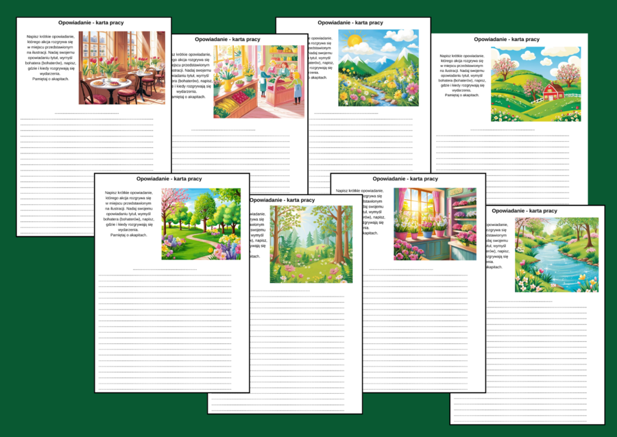 WIOSENNE OPOWIADANIE – 8 kart pracy – kl. 4-6 – ćwiczenia redakcyjne – miejsce – WIOSNA - opis
