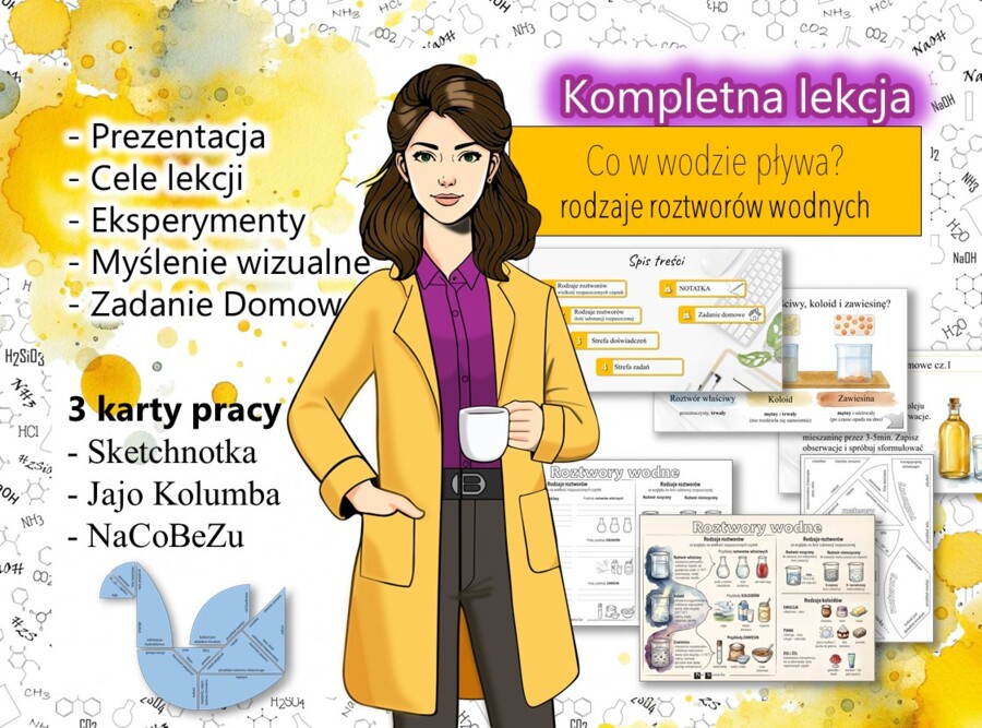 ZESTAW! Woda i roztwory: Rodzaje roztworów wodnych - Prezentacja, Sketchnotka, Tangram, Jajo Kolumna (chemia, kl 7).