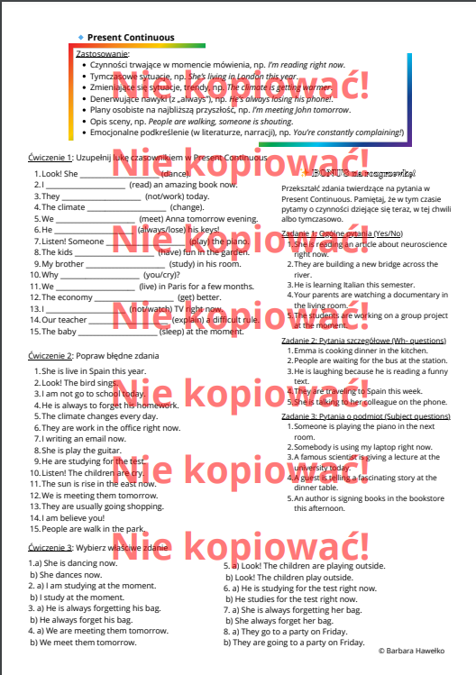 Karta pracy 🌟 Grammar in Action – ćwiczenia z Present Simple, Present Continuous i Present Perfect! 🌟 B1-B2