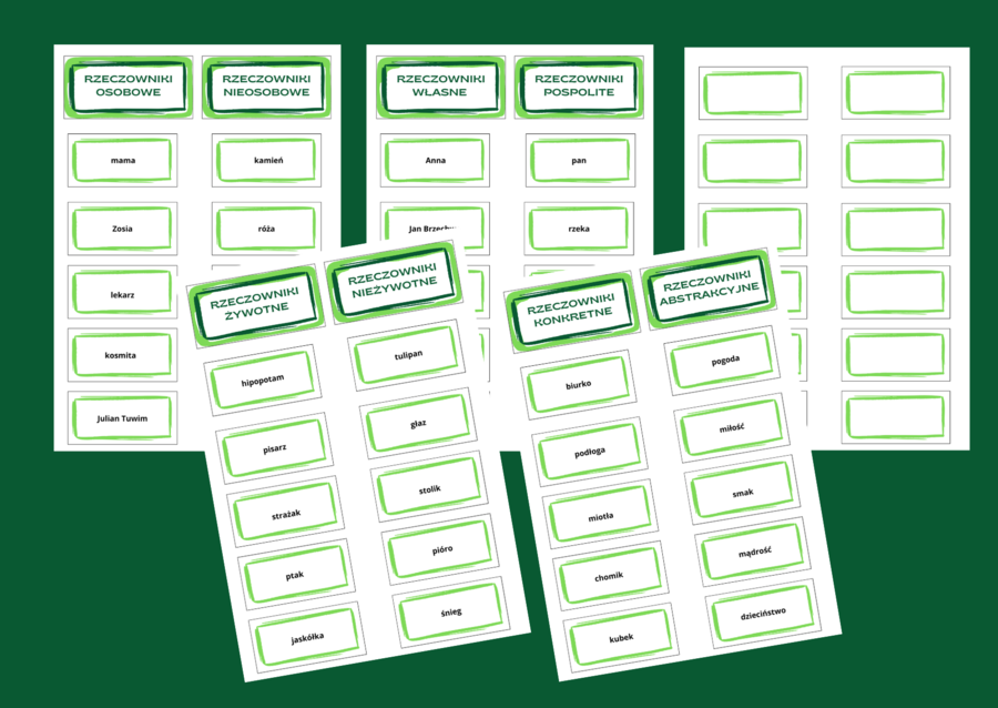 RZECZOWNIKI – fiszki – 5 stron – kl. 4- 8