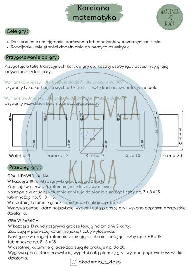 GRA EDUKACYJNA -Karciana matematyka, czyli ile brakuje do ... ?