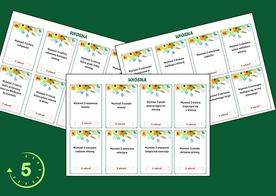 WIOSNA – biblioteka – świetlica – zajęcia z wychowawcą - gra 5 SEKUND + ODPOWIEDZI - 56 szt.