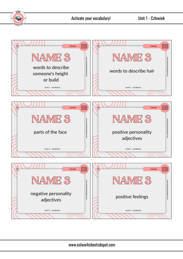 E8 Speaking Cards – Name 3. Vocabulary Revision Game