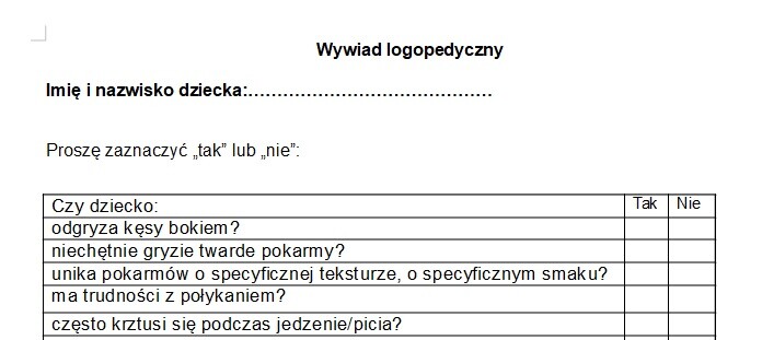 Arkusz badania przesiewowego, + wywiad logopedyczny