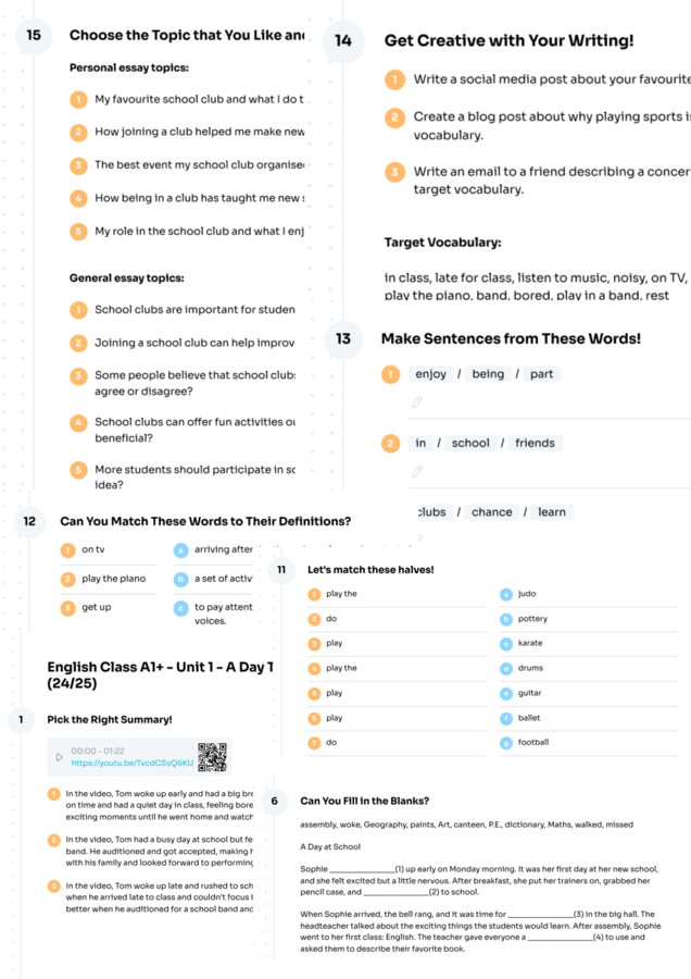 English Class A1+ – Unit 1 – karta pracy – A Day That Got Better – school subjects and objects, activities (play/do) – Krzyżówka GRATIS