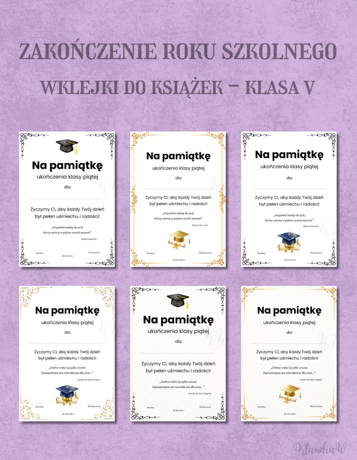 Wklejki do książek na zakończenie roku - klasa 5