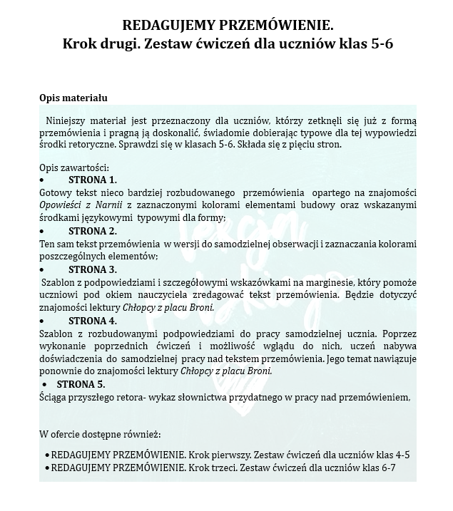 REDAGUJEMY PRZEMÓWIENIE. KROK DRUGI. ZESTAW CWICZEŃ DLA UCZNIÓW KLAS 5-6.