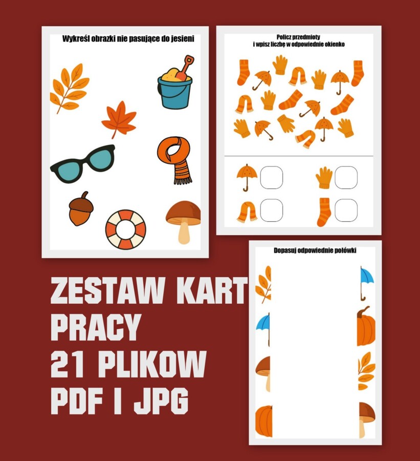 Jesienne karty pracy - przedszkole 21 x pdf i jpg
