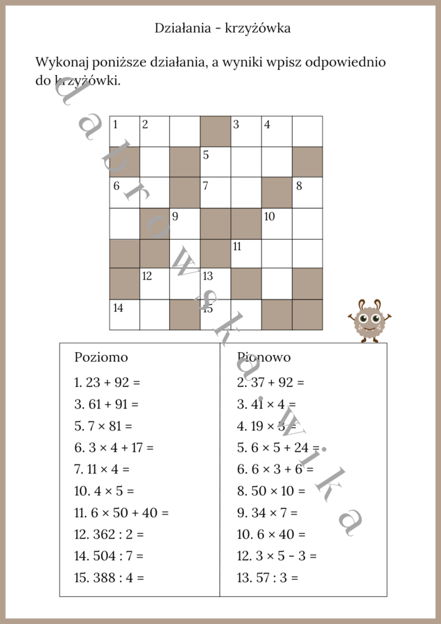 Działania - krzyżówka