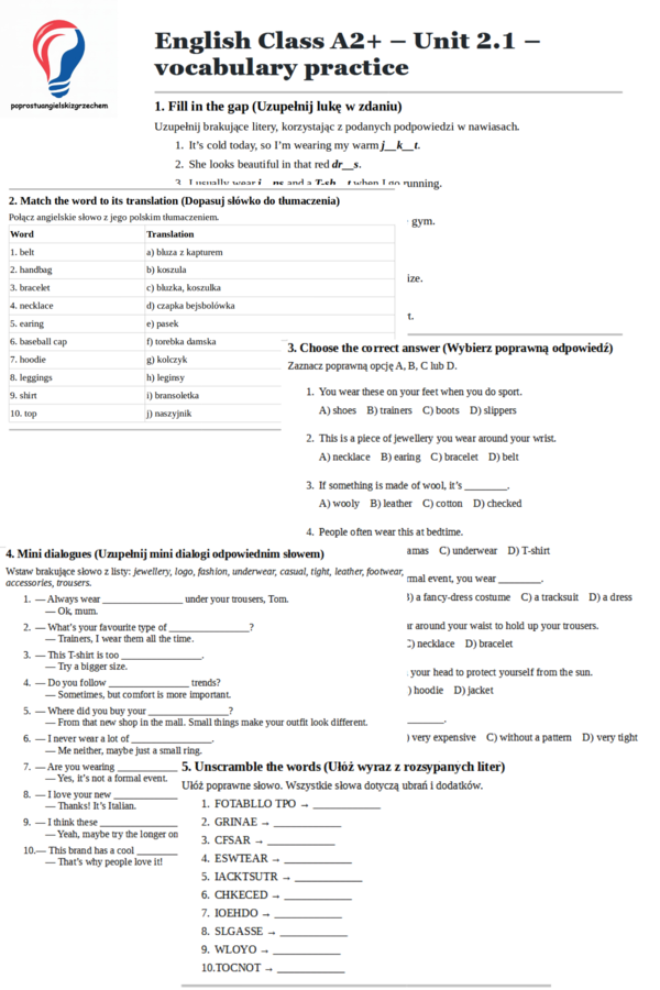 English Class A2+ – Unit 2.1 – vocabulary practice