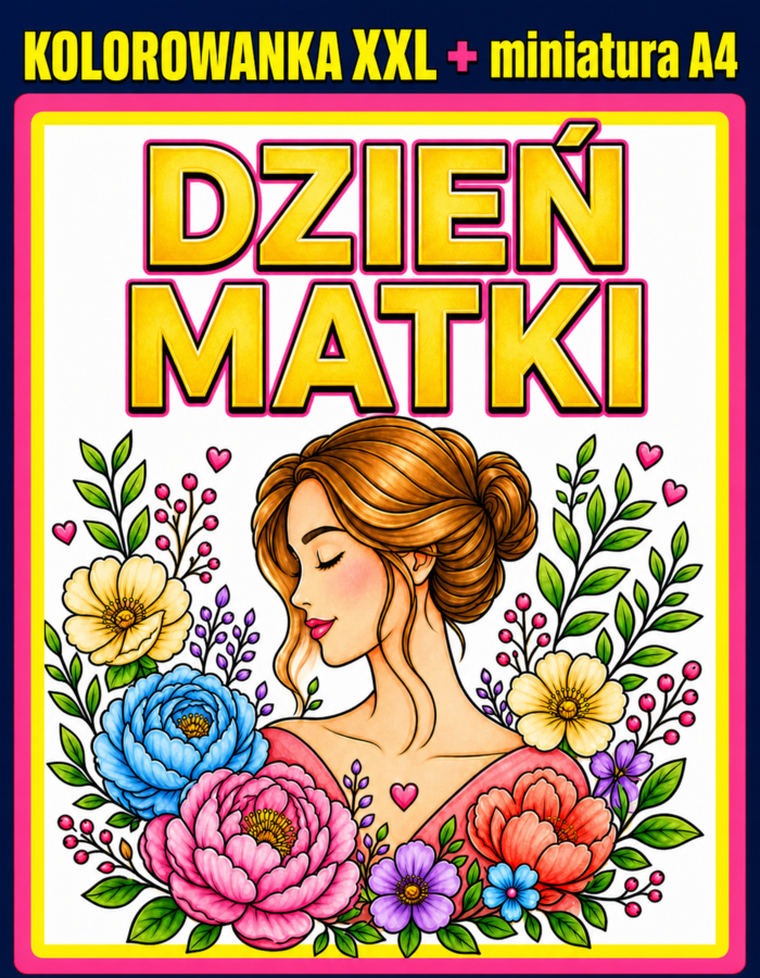 KOLOROWANKA XXL NA DZIEŃ MATKI – 6 KARTEK A4 DO SKŁADANIA + MINIATURA A4; dekoracja, gazetka