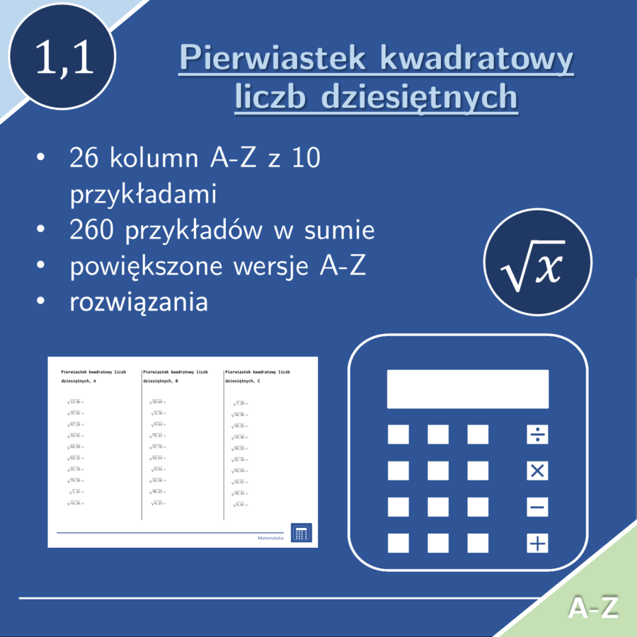 Pierwiastek kwadratowy liczb dziesiętnych | matematyka | 26 kolumn