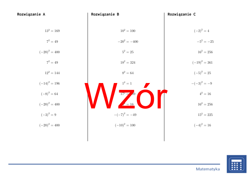 Kwadrat liczb całkowitych | matematyka | 26 kolumn