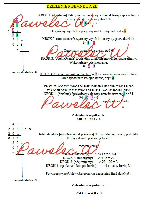 DZIELENIE PISEMNE - plakat z wyjaśnieniem i przykładami, kl. 4, kl. 5, kl. 6