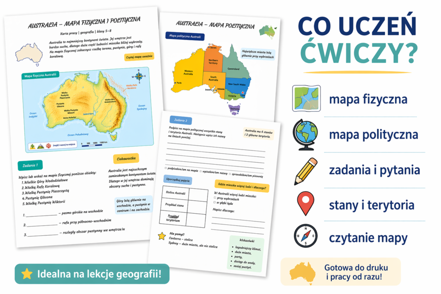 Karta pracy „Australia – mapa fizyczna i polityczna”
