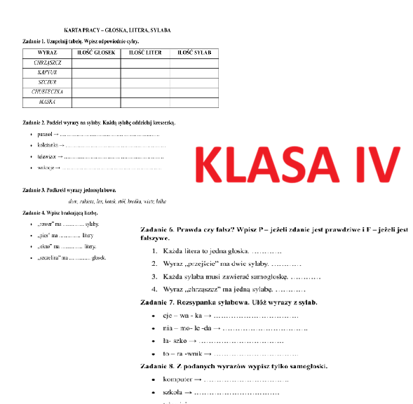 Głoska, litera, sylaba, alfabet dla klasy IV