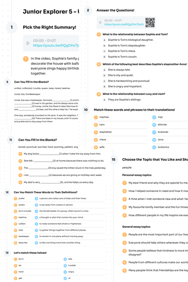 Junior Explorer 5 – Unit 1 – karta pracy – Family Gathering (24/25) – family, emotions – Krzyżówka GRATIS
