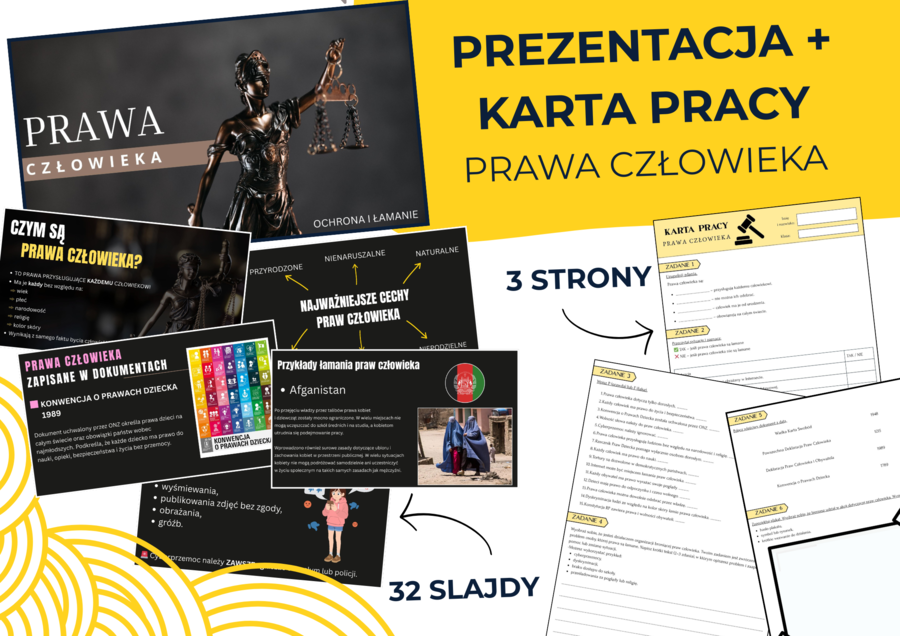 Prawa człowieka – prezentacja (32 slajdy)  i karta pracy  (3 strony)| WOS klasa 8 | Konstytucja RP | Prawa dziecka | Cyberprzemoc