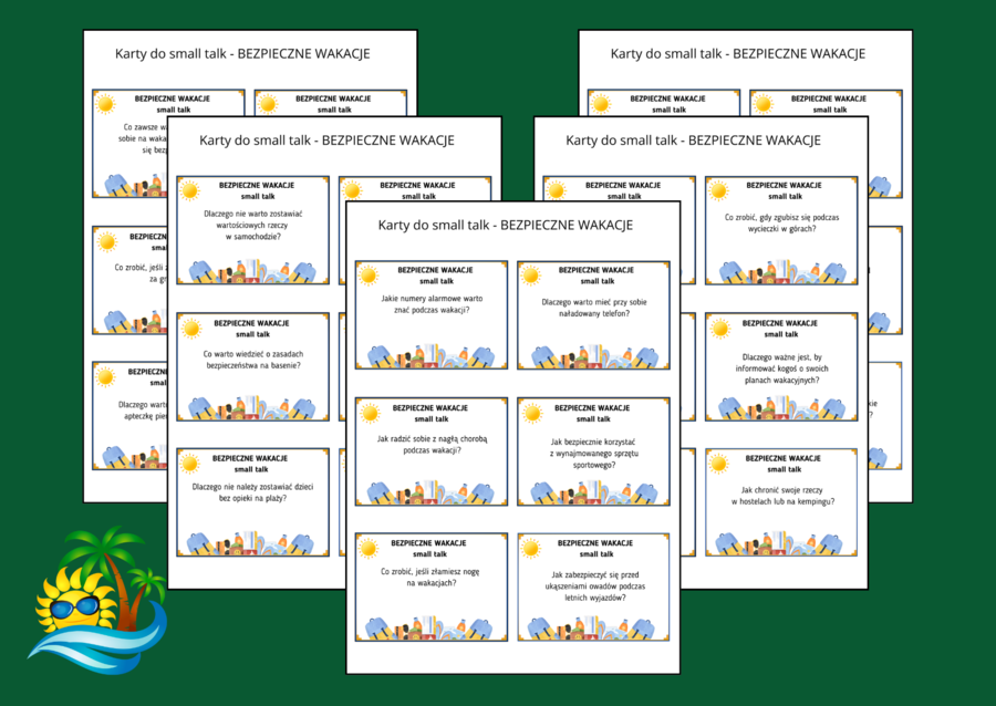 BEZPIECZNE WAKACJE – karty do SMALL TALK – wakacje – ZAJĘCIA Z WYCHOWAWCĄ – biblioteka – świetlica – gra – 60 pytań - TUS
