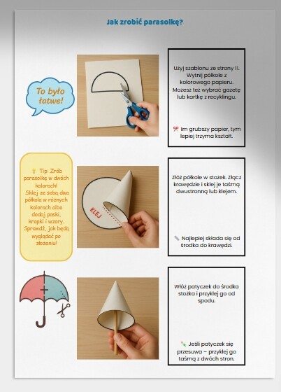 Deszczowe parasolki z papieru, sznurka i patyczków