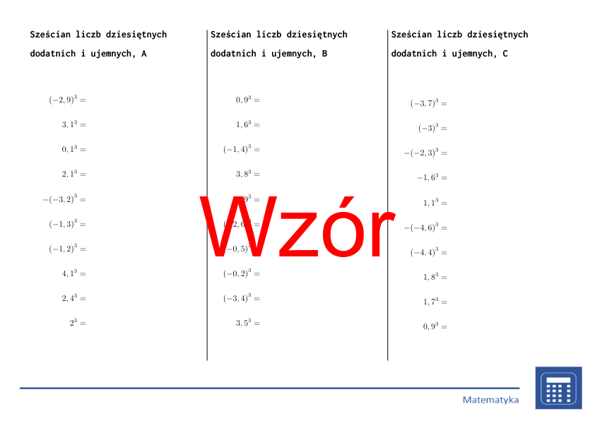 Sześcian liczb dziesiętnych dodatnich i ujemnych | matematyka | 26 kolumn