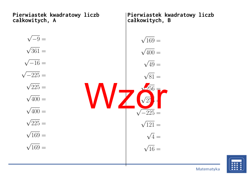 Pierwiastek kwadratowy liczb całkowitych | matematyka | 26 kolumn