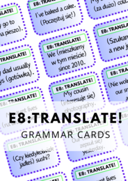 E8: TRANSLATE! - 100 Grammar Cards - tłumaczenie luk - egzamin ósmoklasisty - powtórka - gramatyka - karty - fiszki -  do zalaminowania