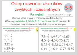 ODEJMOWANIE ułamków zwykłych i dziesiętnych - wynik DZIESIĘTNY / KARTY PRACY kl.5 – kl.6 PDF + ROZWIĄZANIA