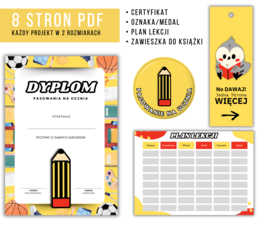 Zestaw PASOWANIE NA UCZNIA : Dyplom, Oznaka, Plan Lekcji, Zawieszka do Książki