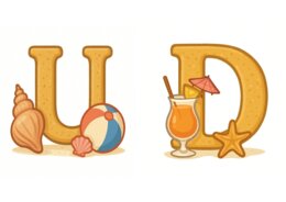 Gazetka: Napis: UDANYCH WAKACJI