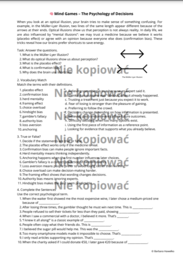 Karta Pracy: Mind Games - the Psychology of Decisions (słownictwo + Passive Voice i Reported Speech) B1/B2
