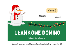 Ułamkowe domino. Zamiana ułamka zwykłego na dziesiętny. Świąteczna gra. Klasa 5 i nie tylko :)
