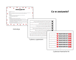 "Heartache Hit" - Love and Relationships Question Cards for Valentine's Day- 49 pytań związanych z miłością i związkami na Walentynki, gra w sylu kaboom dla poziomu średniozaawansowanego