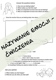Lekcja o emocjach. Słownictwo i nazywanie emocji, uzupełnianie zdań, kolorowanka.