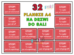 Napisy, tabliczki na drzwi, do sali Stop! Tu rządzi pan/ pani od...